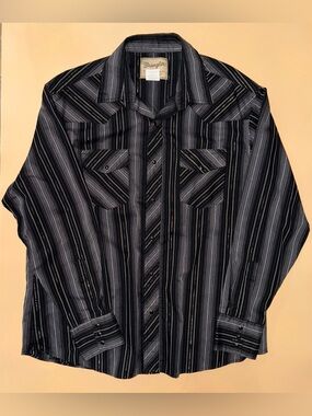 Wrangler Western Snap Shirt Mens XL Striped Black Gray Cowboy Rodeo Pearl Snap